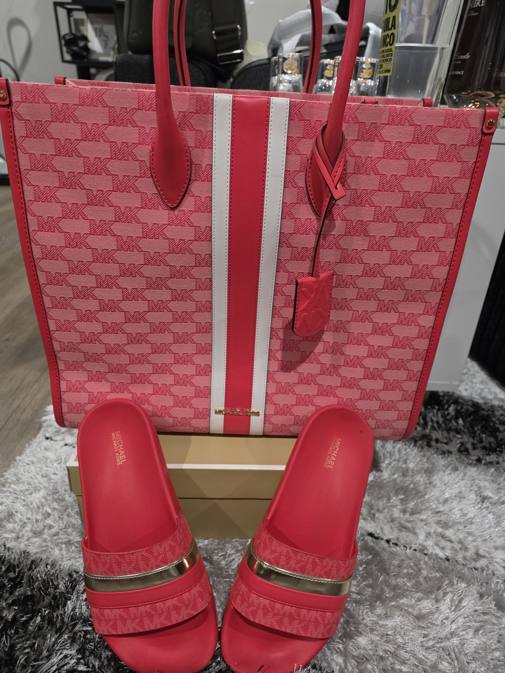 Michael Kors Grapefruit Pink Signature Stripe Tote with Matching Slides
